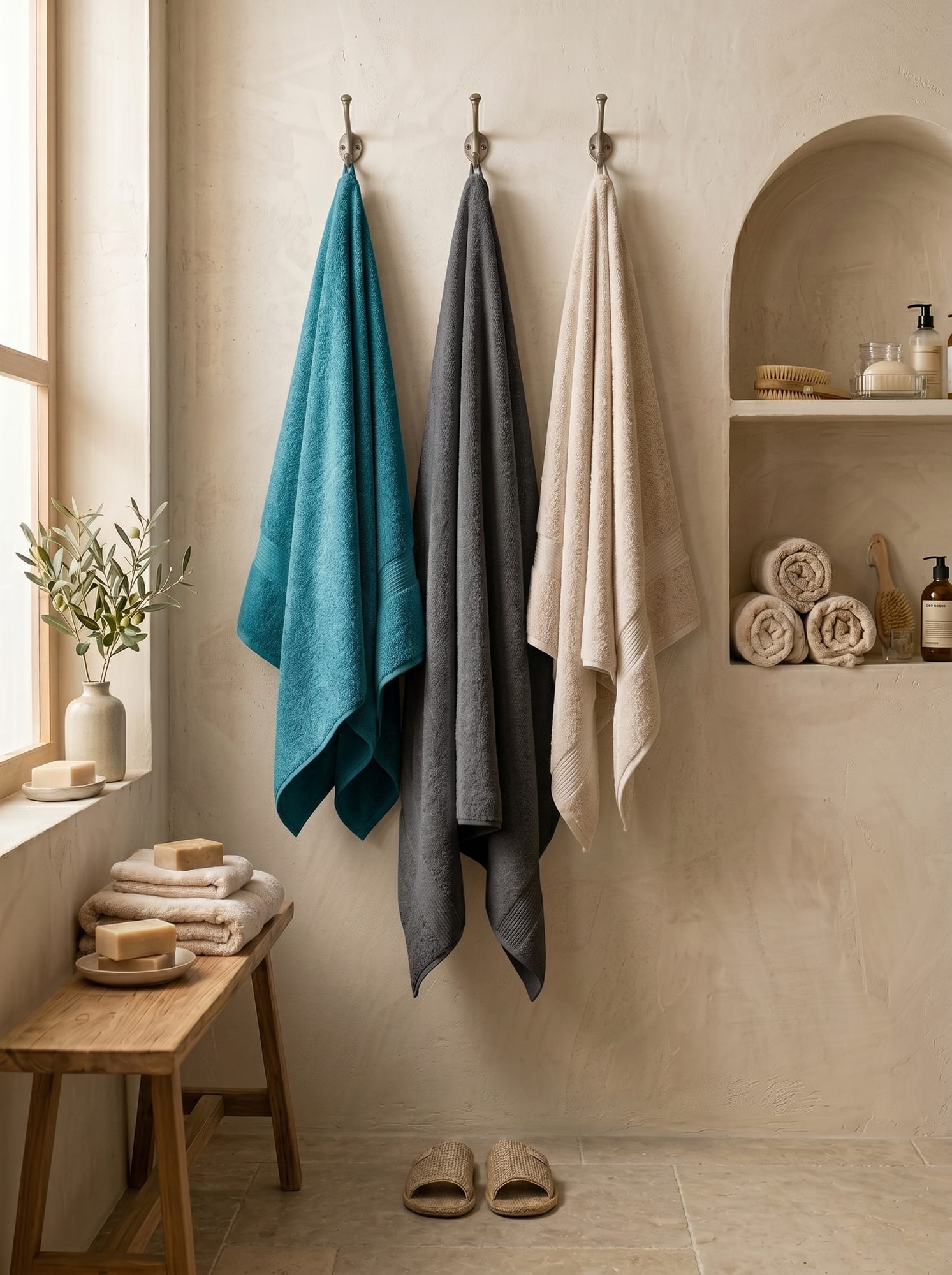 Banyo Havlusu Turkuaz, Antrasit, Bej 75x140 cm (3'lü Set)