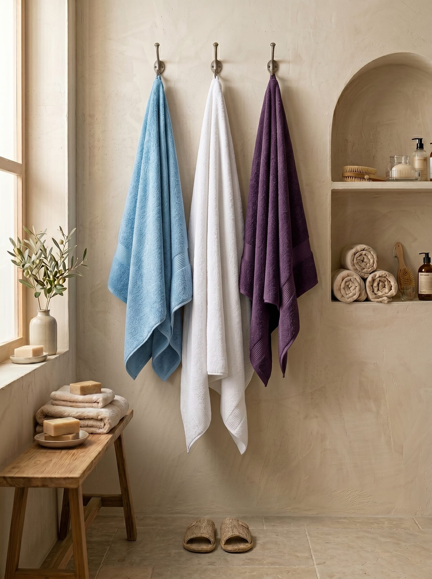 Banyo Havlusu Mavi, Beyaz, Mor 75x140 cm (3'lü Set)